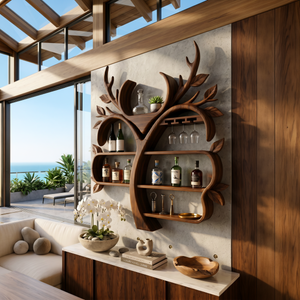 Resort Style Tree Inspired Wine Bar Shelf For Living Room