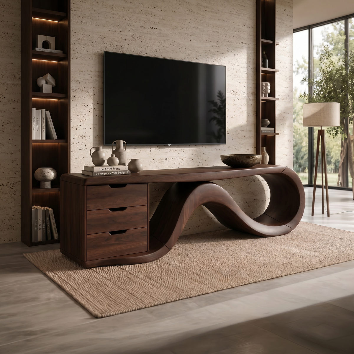 Wave Form Wooden Media Console Luxury Residence