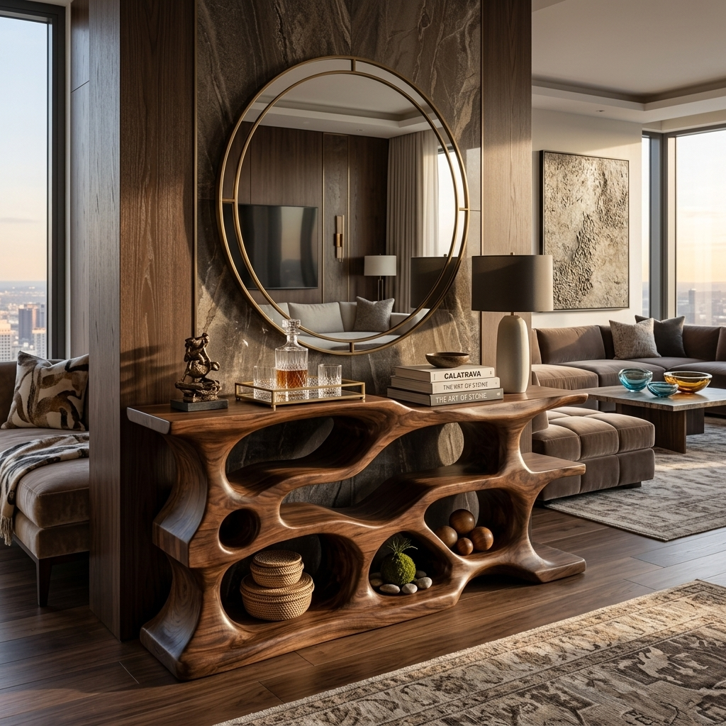 Wooden Console Table With Sculptural Open Shelves For Living