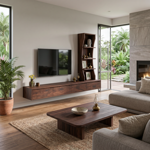 Wall Mounted Wood TV Console With Vertical Storage For Living