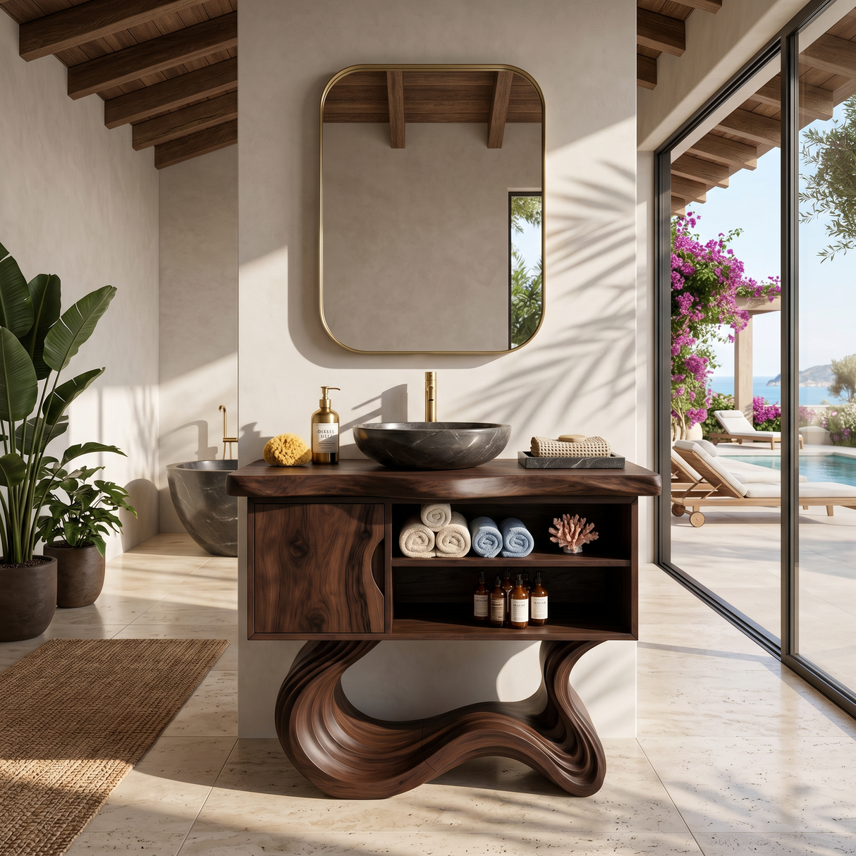Scandinavian Carved Vanity With Display Shelf For Interior