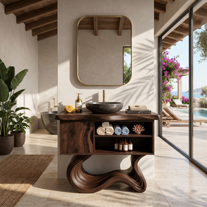 Scandinavian Carved Vanity With Display Shelf For Interior