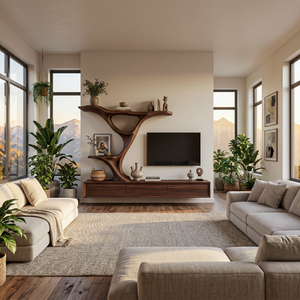 Wooden Floating TV Stand With Side Branch-shaped Storage For Living
