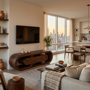 Modern Wood TV Cabinet Curved Design With Drawers For Living