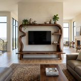Wood TV Stand With Undulating Frame For Living Room Decor