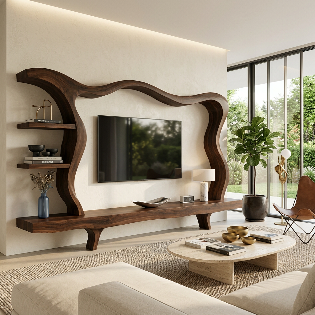 Modern Wood TV Stand With Flowing Frame For Home Decor