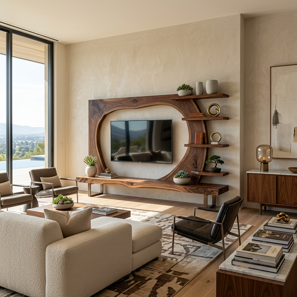 Wooden TV Stand With Frame Includes Display Shelves For Home