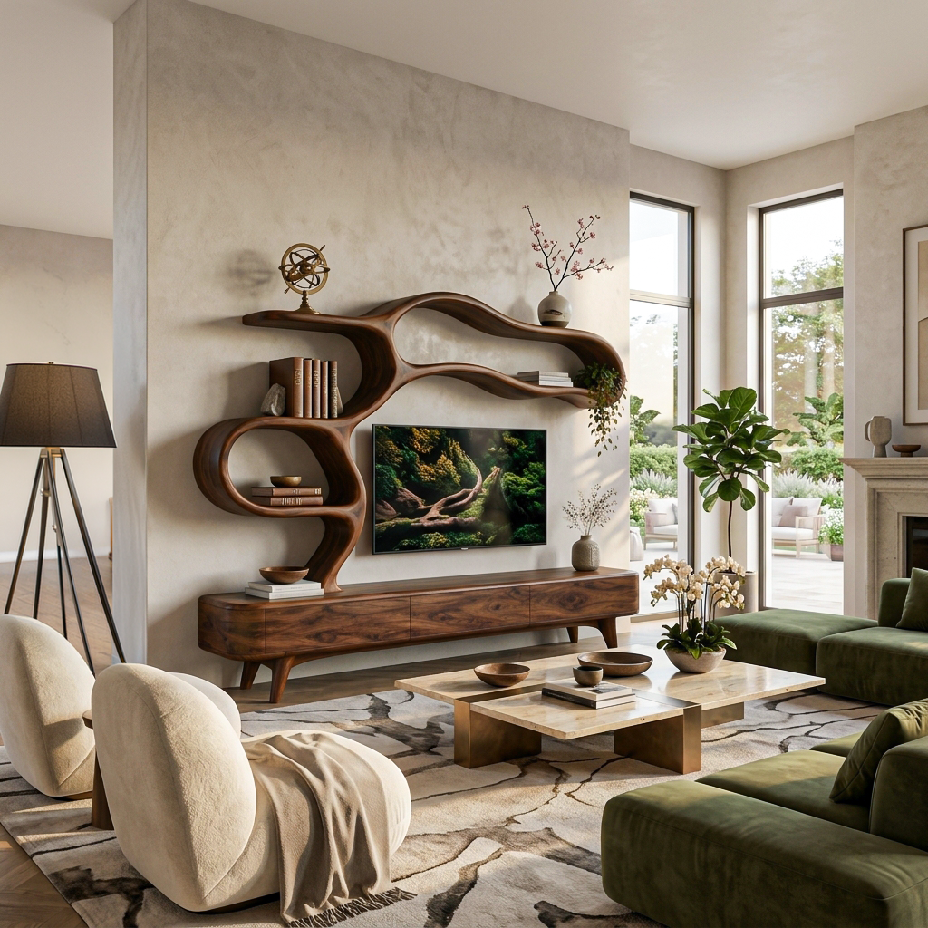 Organic Modern Wood TV Cabinet With Flowing Shelving For Living
