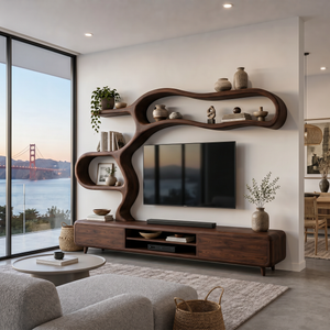 Contemporary Wooden TV Cabinet With Sculptural Frame For Living Room
