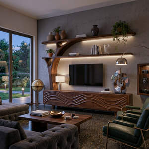 Luxury Wood TV Cabinet With Sculptural Open Shelving For Interior