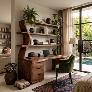 Sculptural Wood Desk With Curved Shelving And Drawer For Office