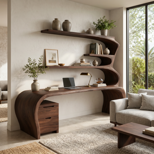 Sculptural Wooden Desk With Rounded Edges For Home Office