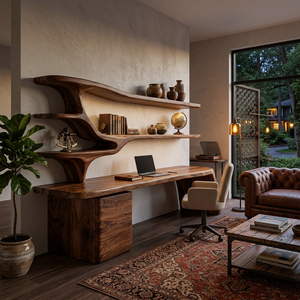 Contemporary Wood Desk With Sculptural Bookshelves For Workspace