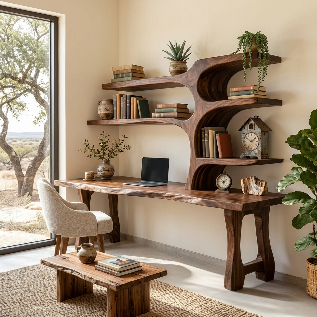Handcrafted Wood Desk With Open Shelves For Workspace Decor