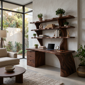 Organic Wood Desk With 3-Tier Integrated Bookshelf For Study Room