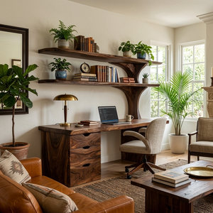 Wooden Desk With Integrated Shelving And Drawer For Contemporary Office