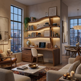 Wooden Desk With Curved Bookshelves And Drawers For Luxury Workspace