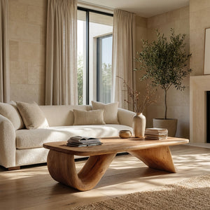 Organic Wood Coffee Table With Sculpted Curved Base For Living