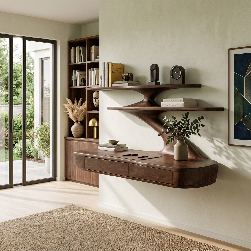 Floating Wooden Desk With Curved Upper Shelf Frame For Workspace