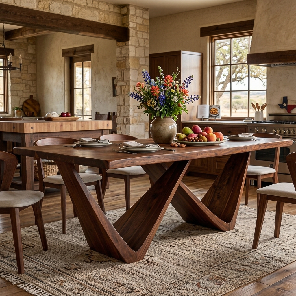 Farmhouse Wooden Dining Table With Statement Base For Interior