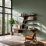 Wood Floating Desk With Multi Level Organic Shelves For Office