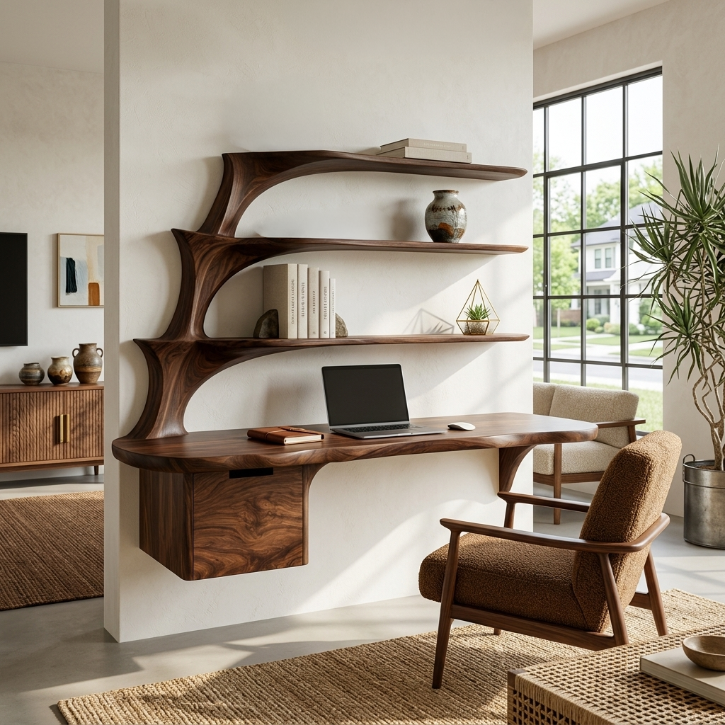 Contemporary Floating Desk With Display Shelves And Drawers For Workspace