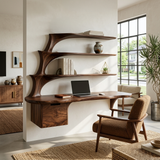 Contemporary Floating Desk With Display Shelves And Drawers For Workspace