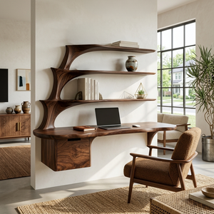 Contemporary Floating Desk With Display Shelves And Drawers For Workspace