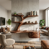 Rustic Wooden Desk With Sculptural Shelving And Drawer For Workspace