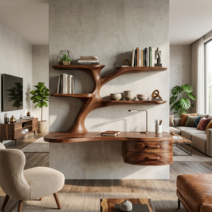 Rustic Wooden Desk With Sculptural Shelving And Drawer For Workspace