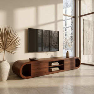 Organic Wooden TV Stand With Rounded Edges For Living Decor