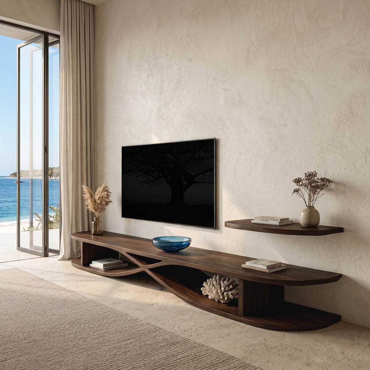 Modern Wooden Curved TV Stand For Living Room Media