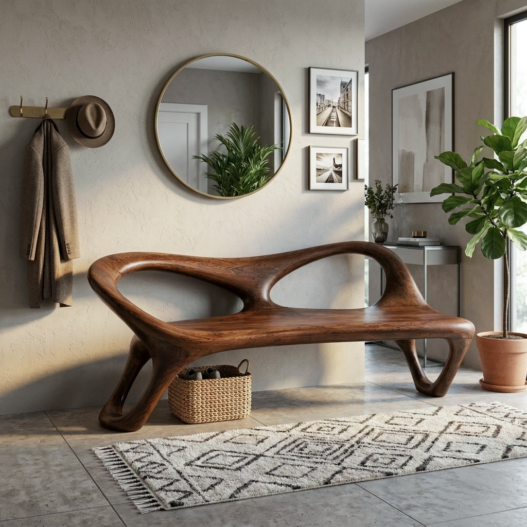 Organic Sculptural Hallway Bench With Soft Curved Frame For Home