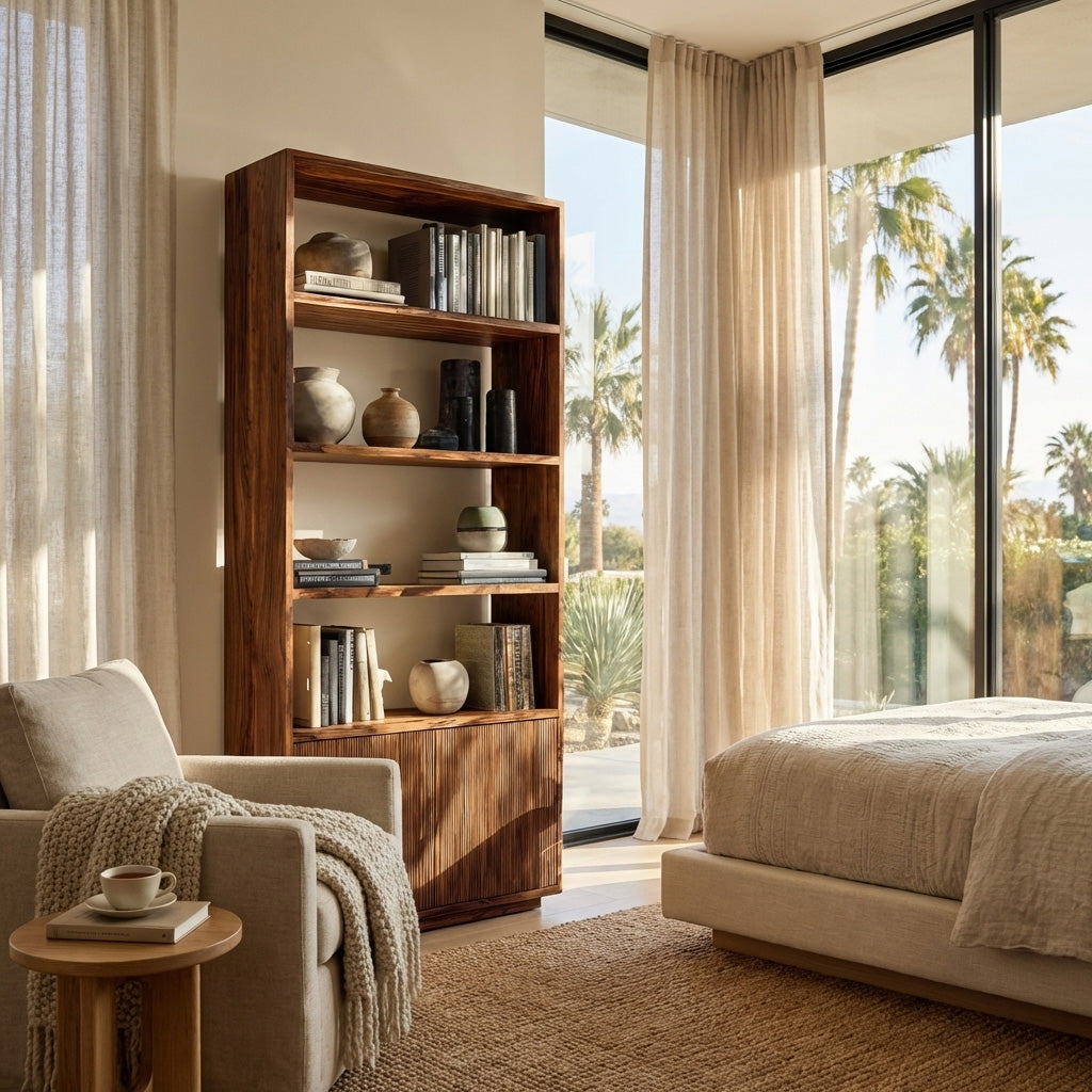 Minimal Wooden Bookcase For Coastal Living Room