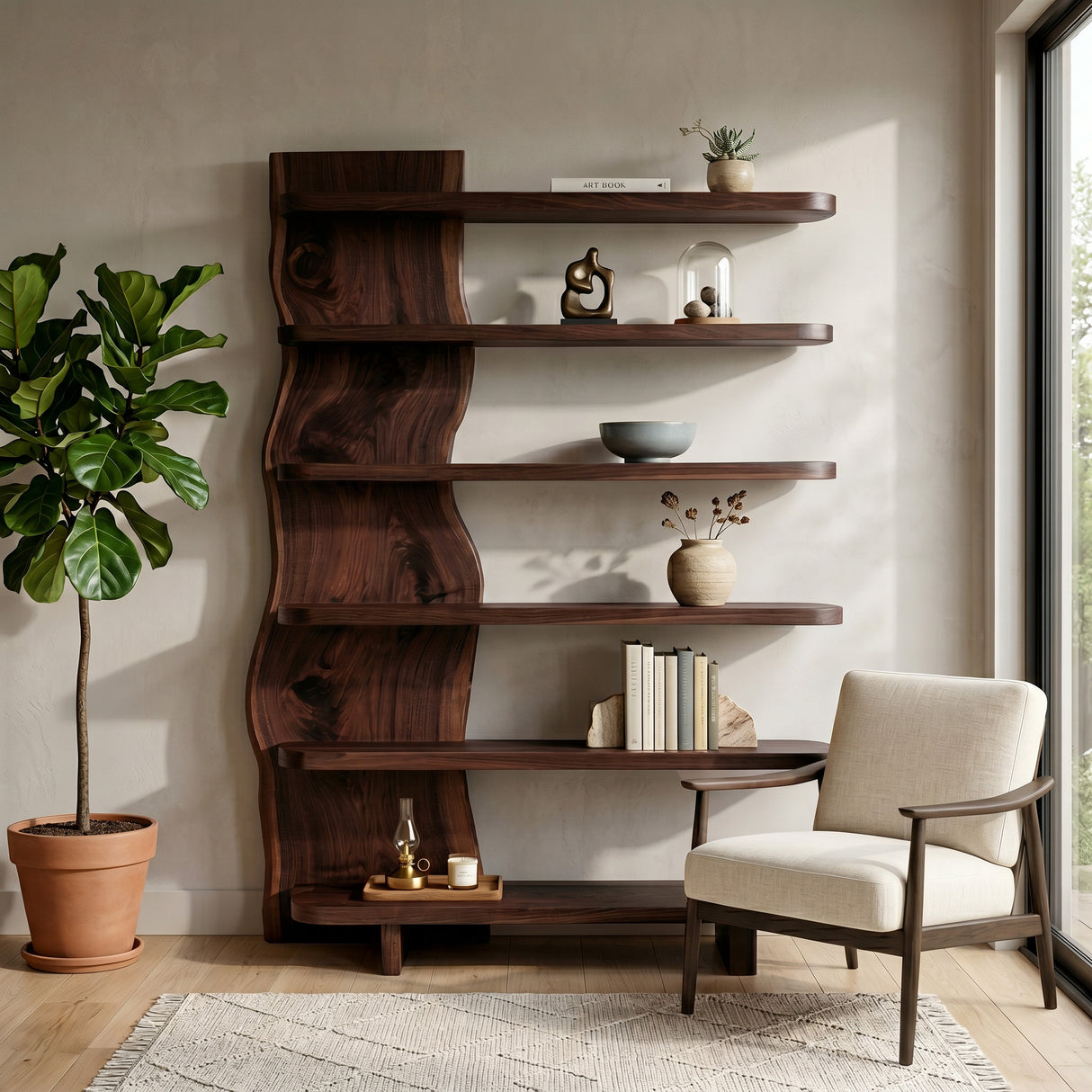 Modern Organic Wooden Standing Shelf For Lounge Area