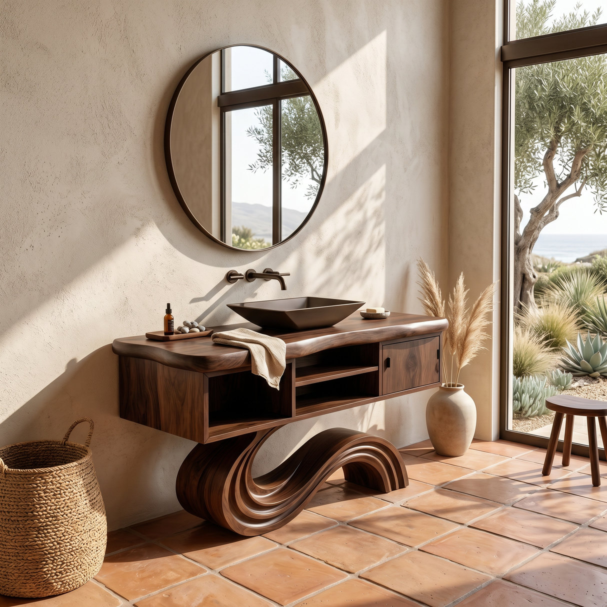 Modern Curved Vanity With Open Storage For Bathroom