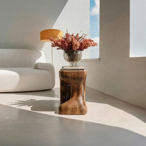 Minimalist Sculptural Wood Side Table With Organic Shape And Storage For Modern Living Room