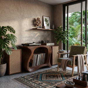 Wooden Record Player Stand With Sculptural Form For Living Room