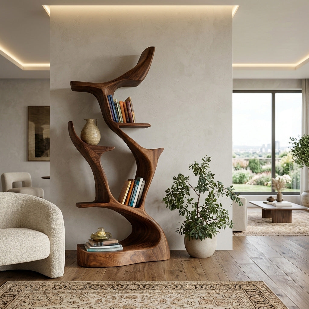 Organic Sculptural Wooden Bookshelf For Living Room