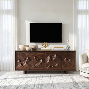 Mountain Carved Media Console For Rustic Living Room