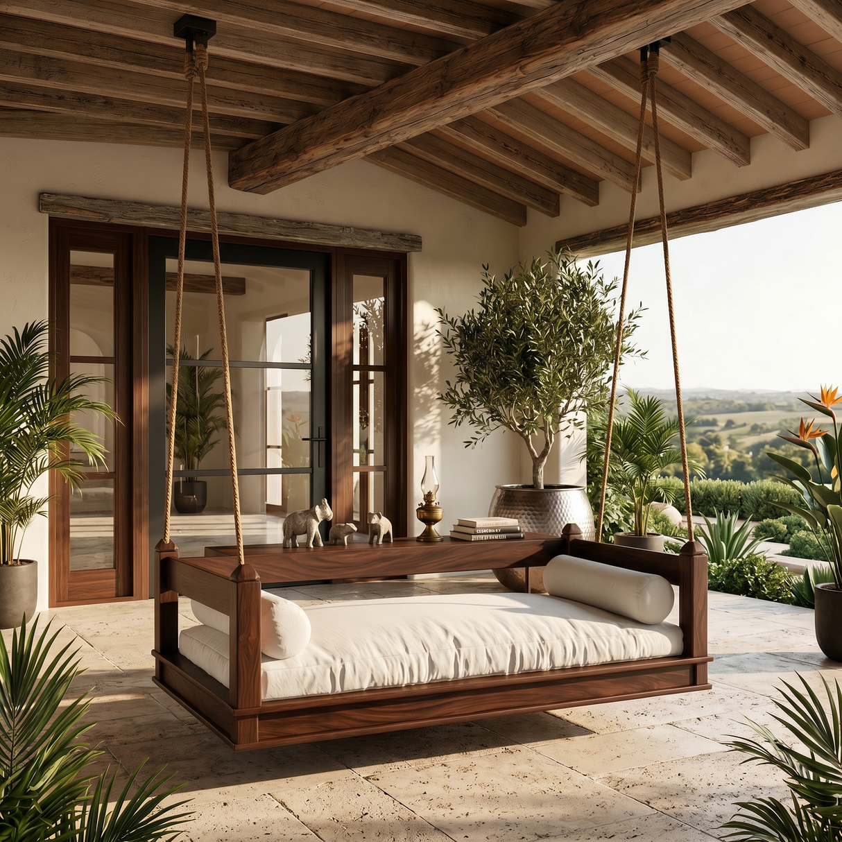 Mediterranean Wooden Hanging Daybed Swing Luxury Villa Patio