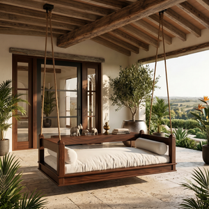 Mediterranean Wooden Hanging Daybed Swing Luxury Villa Patio