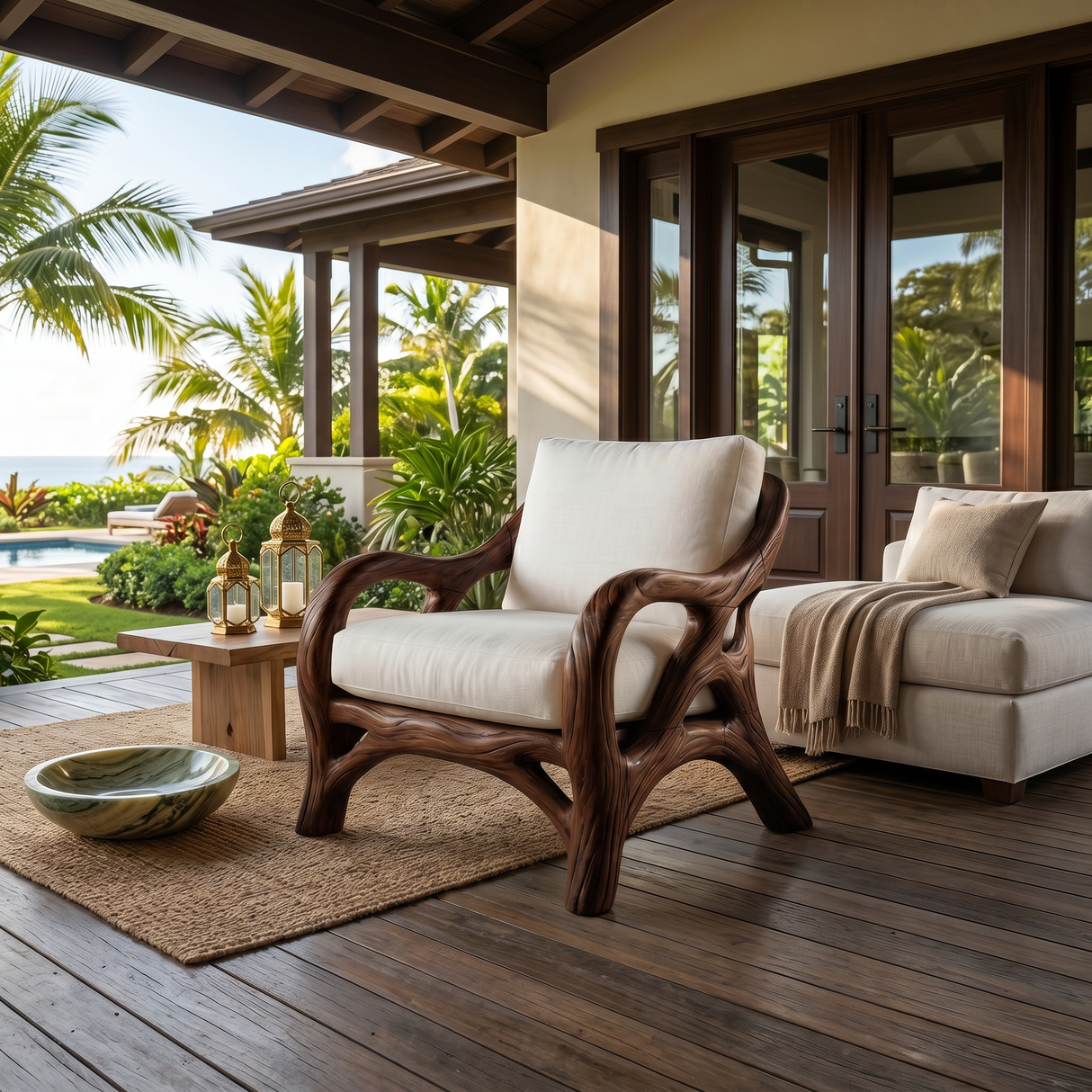 Luxury Organic Wood Lounge Chair with Sculptural Architectural Design
