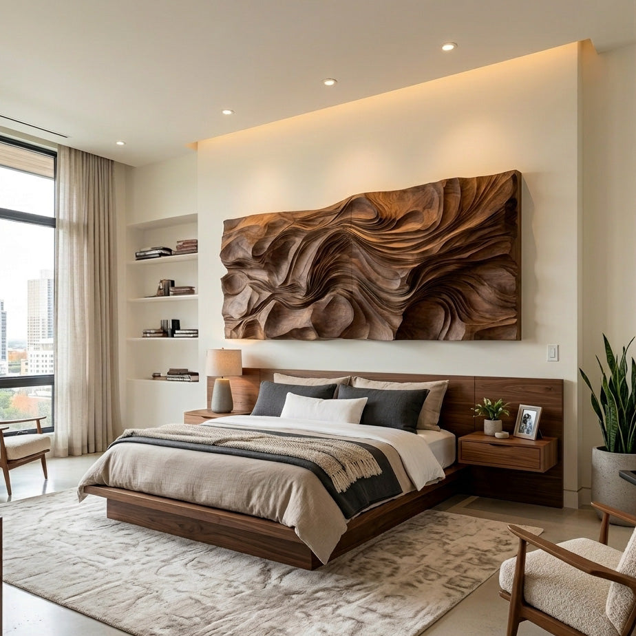 Contemporary Wood Wall Art Wave Carved Design For Wall Deco