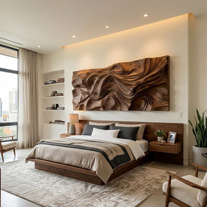 Contemporary Wood Wall Art Wave Carved Design For Wall Deco