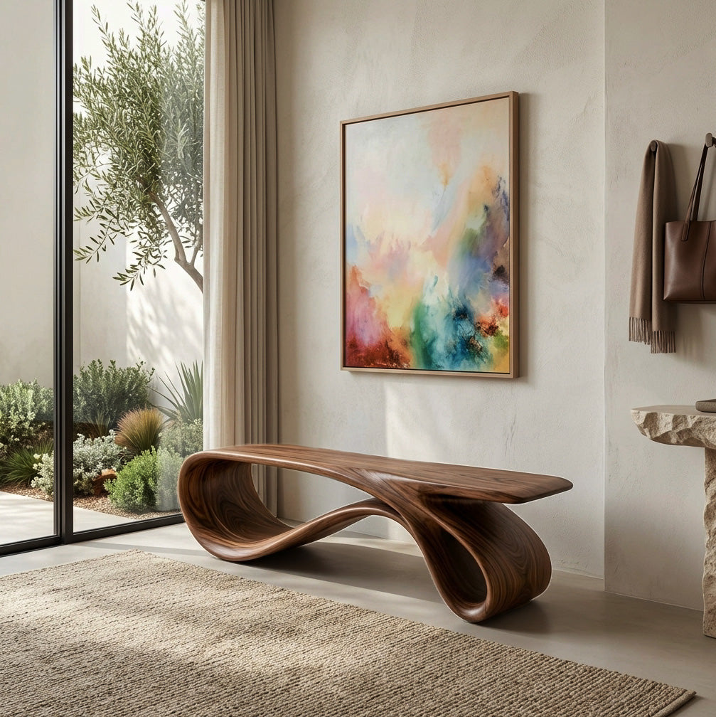 Curved Natural Wood Bench For Contemporary Living Room Decor