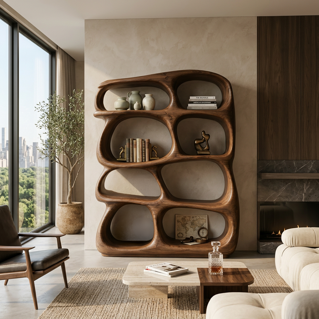 Organic Wooden Bookshelf With Sculptural Open Shelving For Living Room