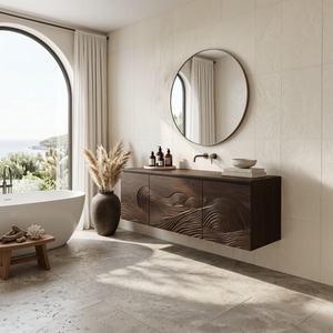 Sculptural Bathroom Vanity Wave Texture Wood Cabinet For Luxury Bathroom