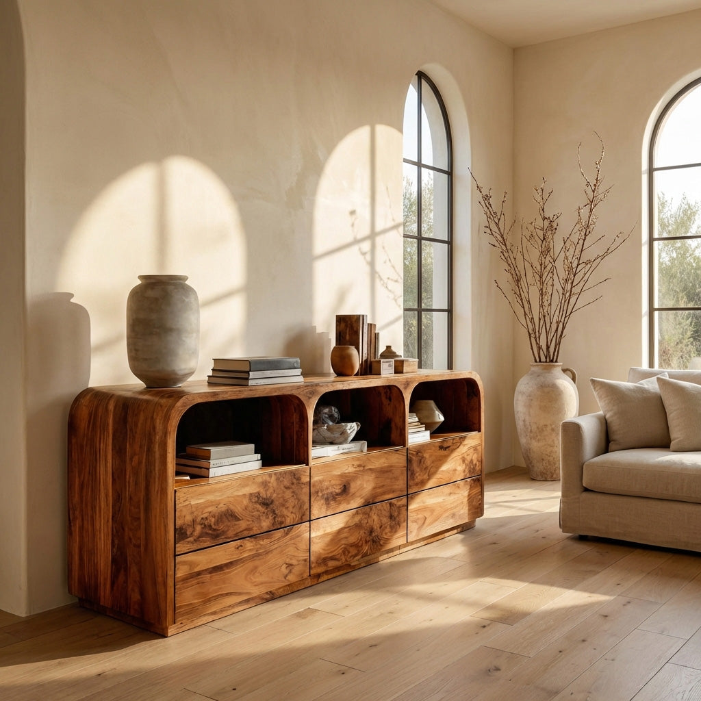 Modern Wood Sideboard With Curved Corners For Living Room