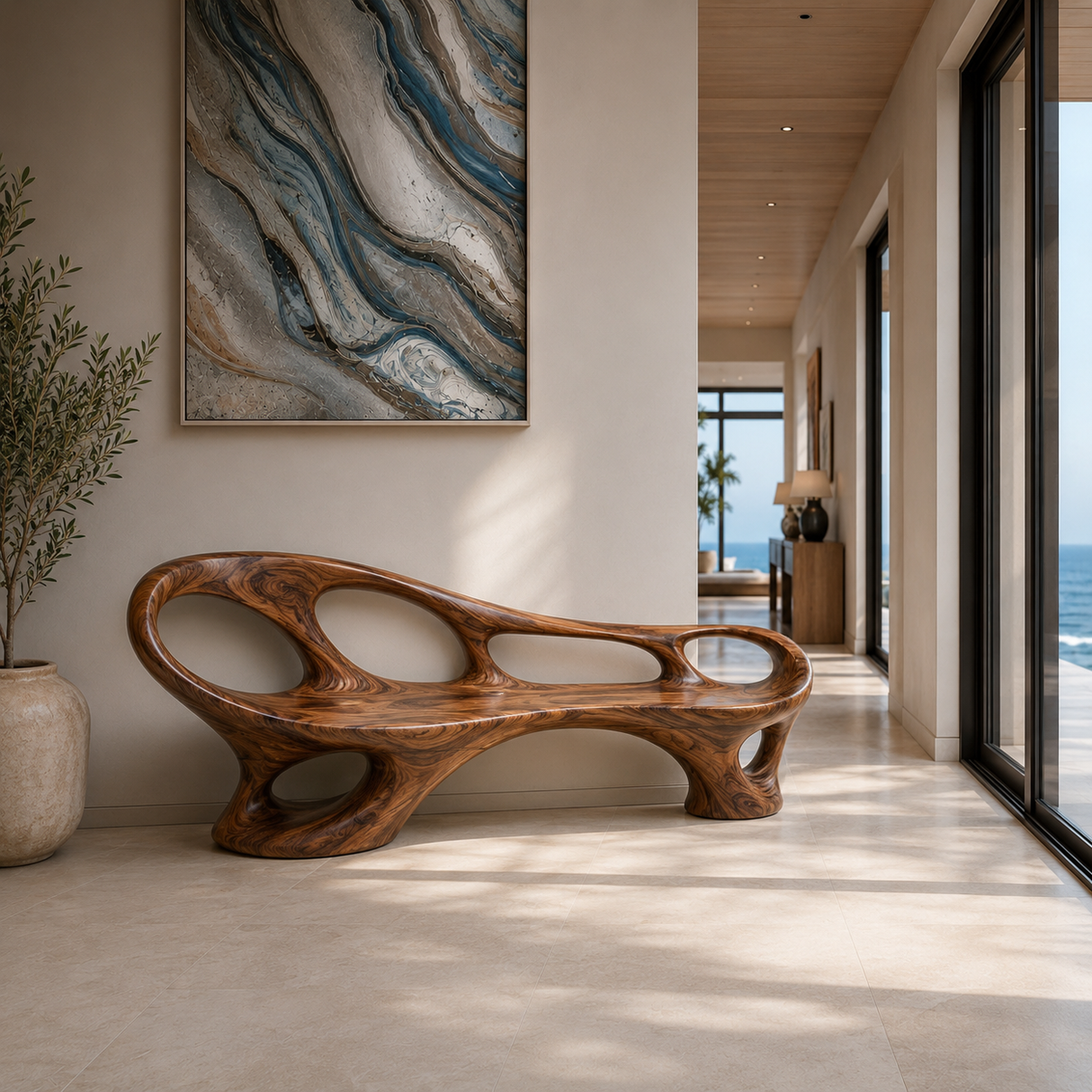 Organic Wooden Bench With Sculptural Continuous Frame For Entryway